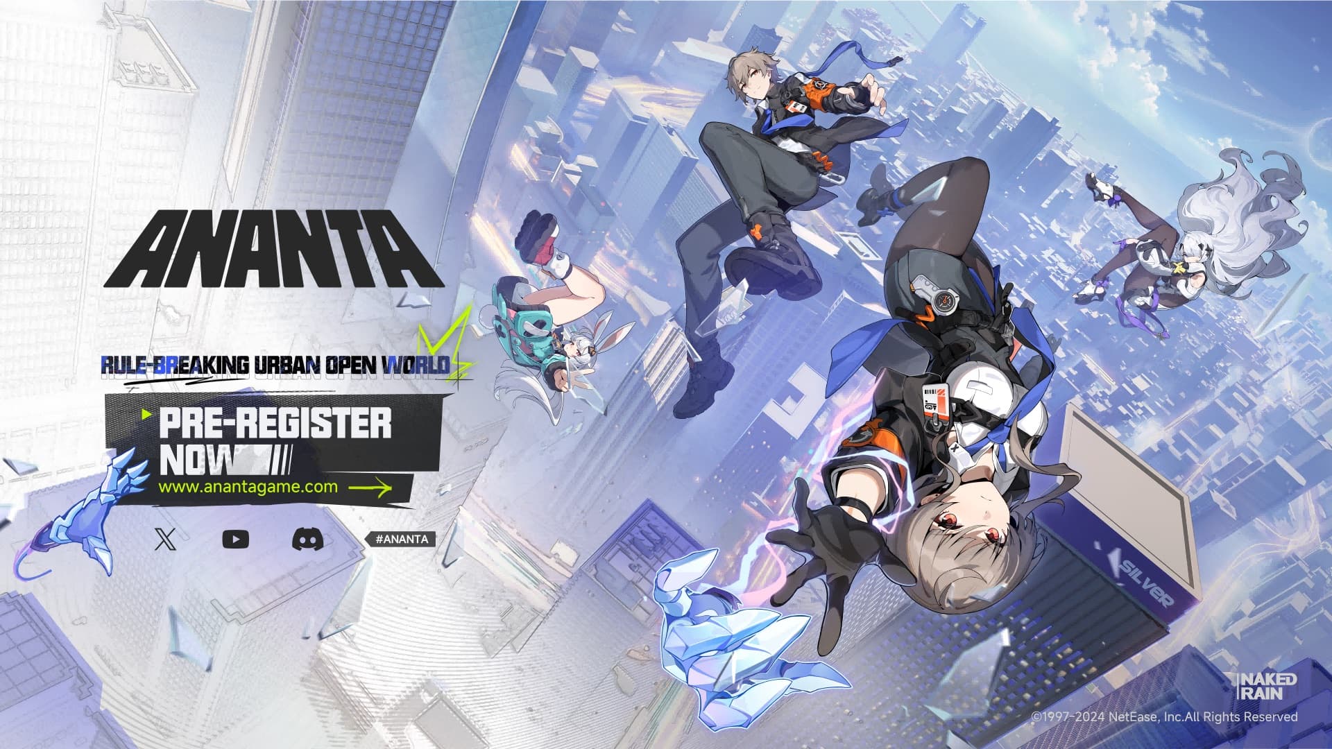 The official ANANTA pre-registration key visual: five characters free-falling between white skyscrapers, the ANANTA wordmark, the tagline RULE-BREAKING URBAN OPEN WORLD, a PRE-REGISTER NOW button, www.anantagame.com, the NAKED RAIN studio mark and the copyright line reading 1997 to 2024 NetEase, Inc.