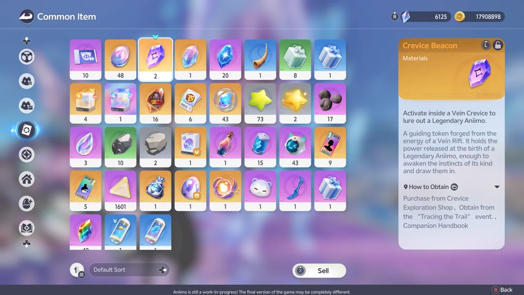 The Crevice Beacon item description, listing purchase from the Crevice Exploration Shop as a source.