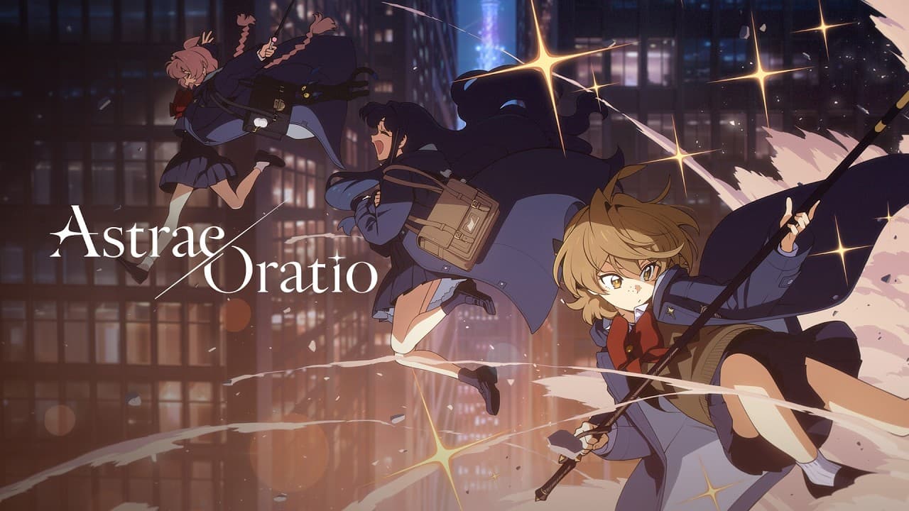 Three uniformed girls flying on brooms over a night skyline of high-rise Tokyo, Tokyo Tower lit behind them, from the official Character Introduction PV