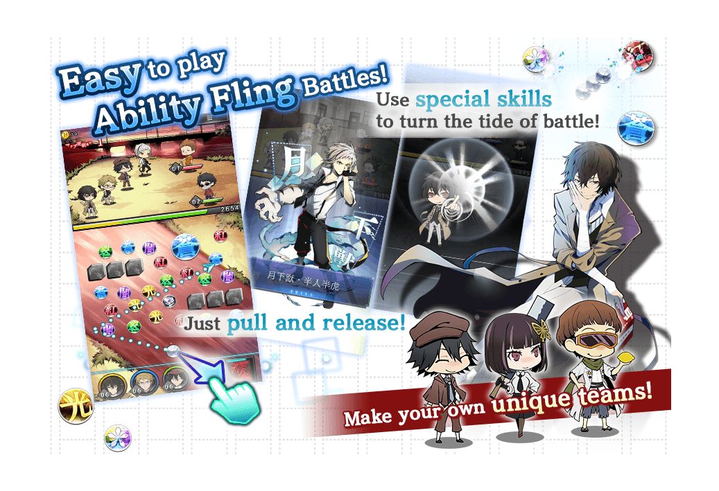 Official Ability Fling promotional banner for Bungo Stray Dogs: Tales of the Lost, showing the battle screen with its coloured orb grid, the aim trajectory line and hand cursor, the skill-cut cards and three chibi units