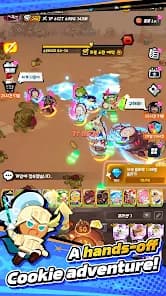 CookieRun: Crumble survivor-style auto-combat on a campaign map with a Cookie clearing a wave of enemies