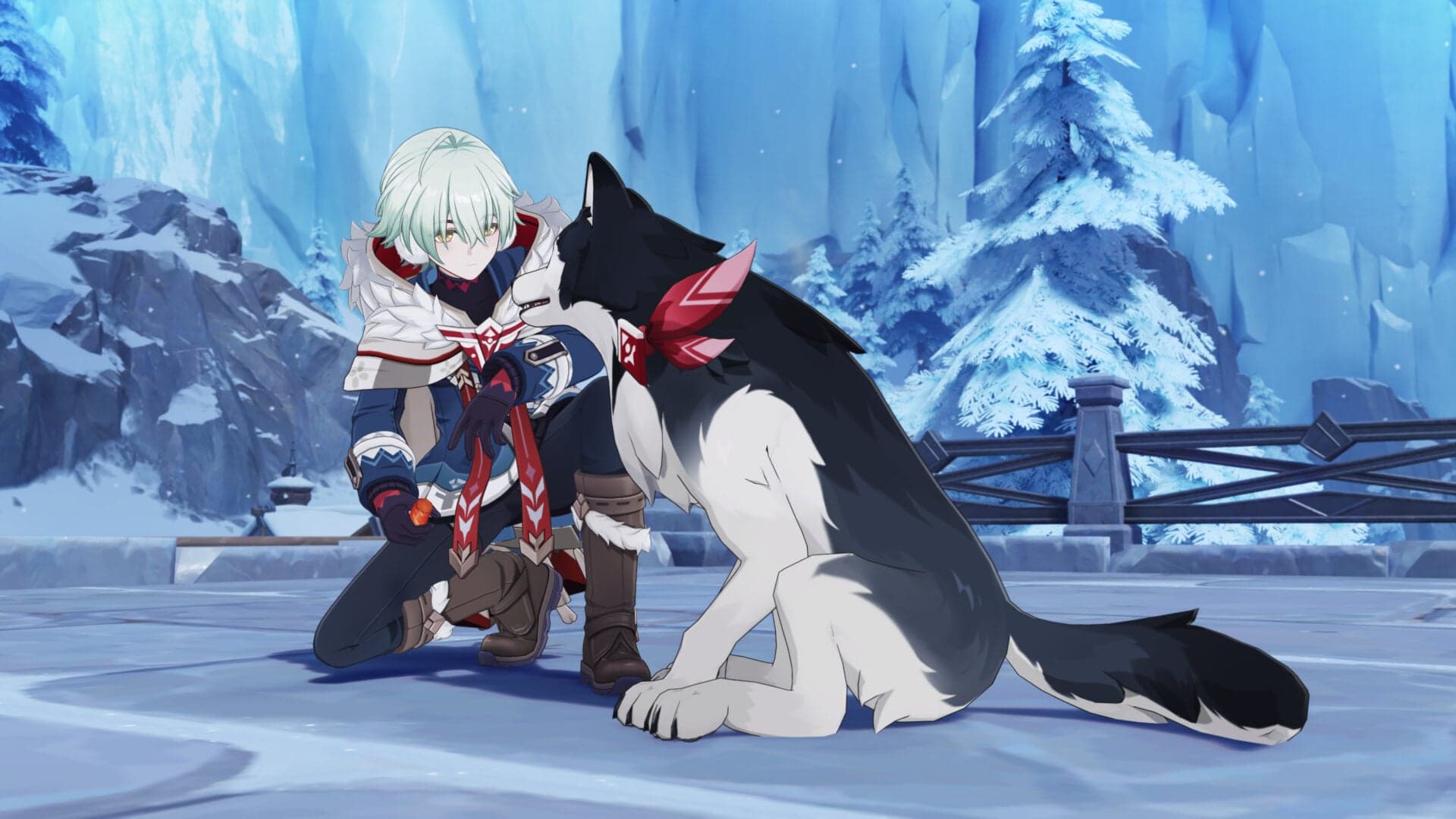 Alyosha crouching beside his large hound companion Tugarin on a frozen lake