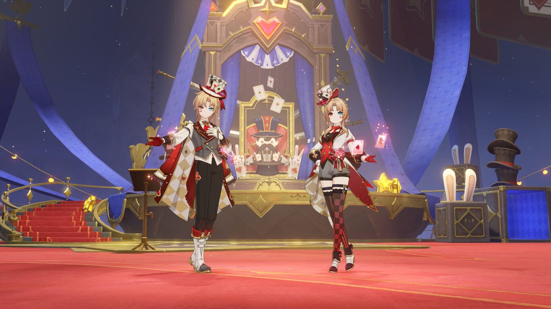 The two Travelers in magician outfits on a card-themed stage