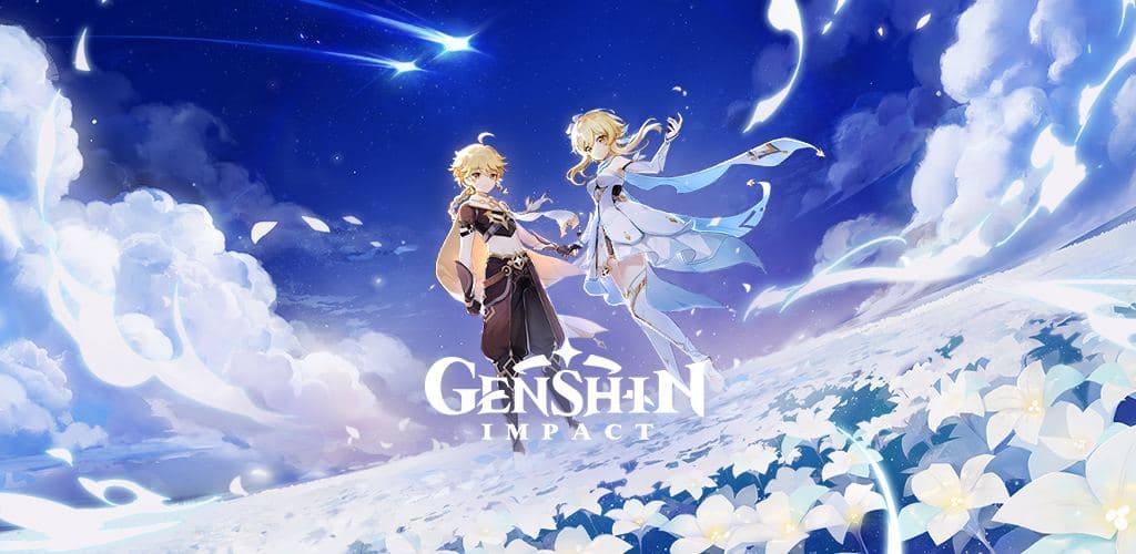 Genshin Impact key art showing the two Travelers with the game logo