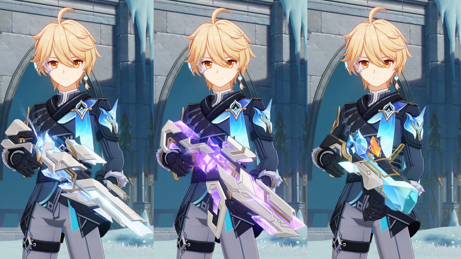 Three firearm variants held by the Traveler, shown side by side