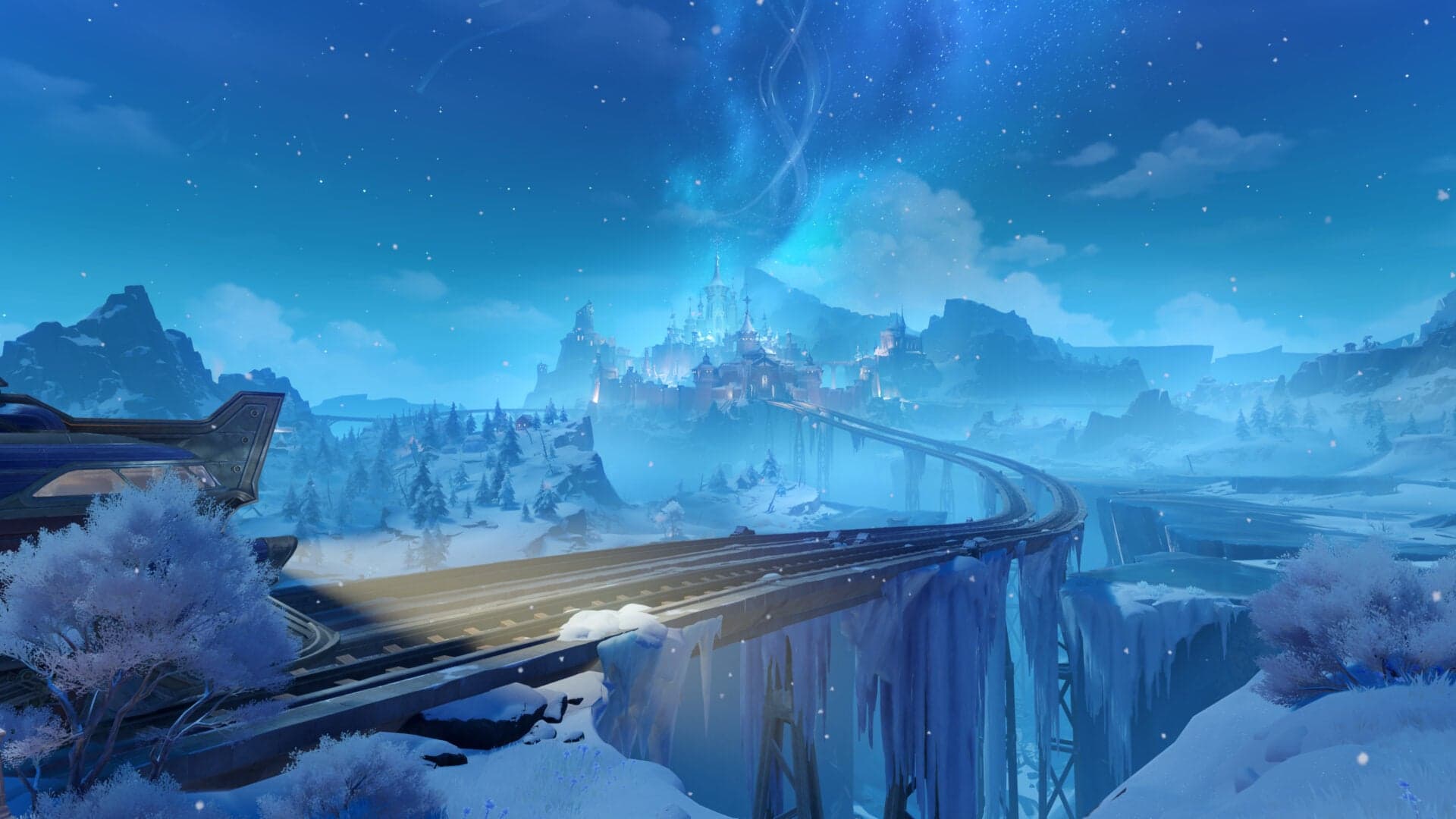 Snezhnaya at night, an aurora over snowfields with an elevated line crossing the valley