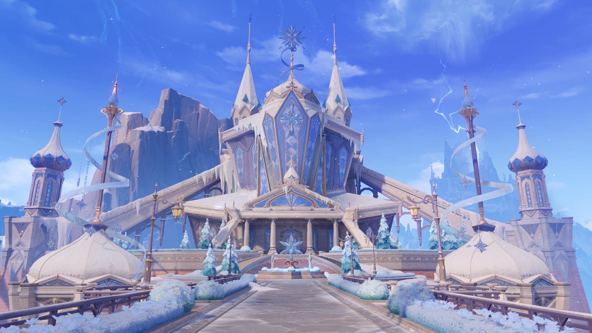 An ice palace with tall spires under a pale Snezhnayan sky