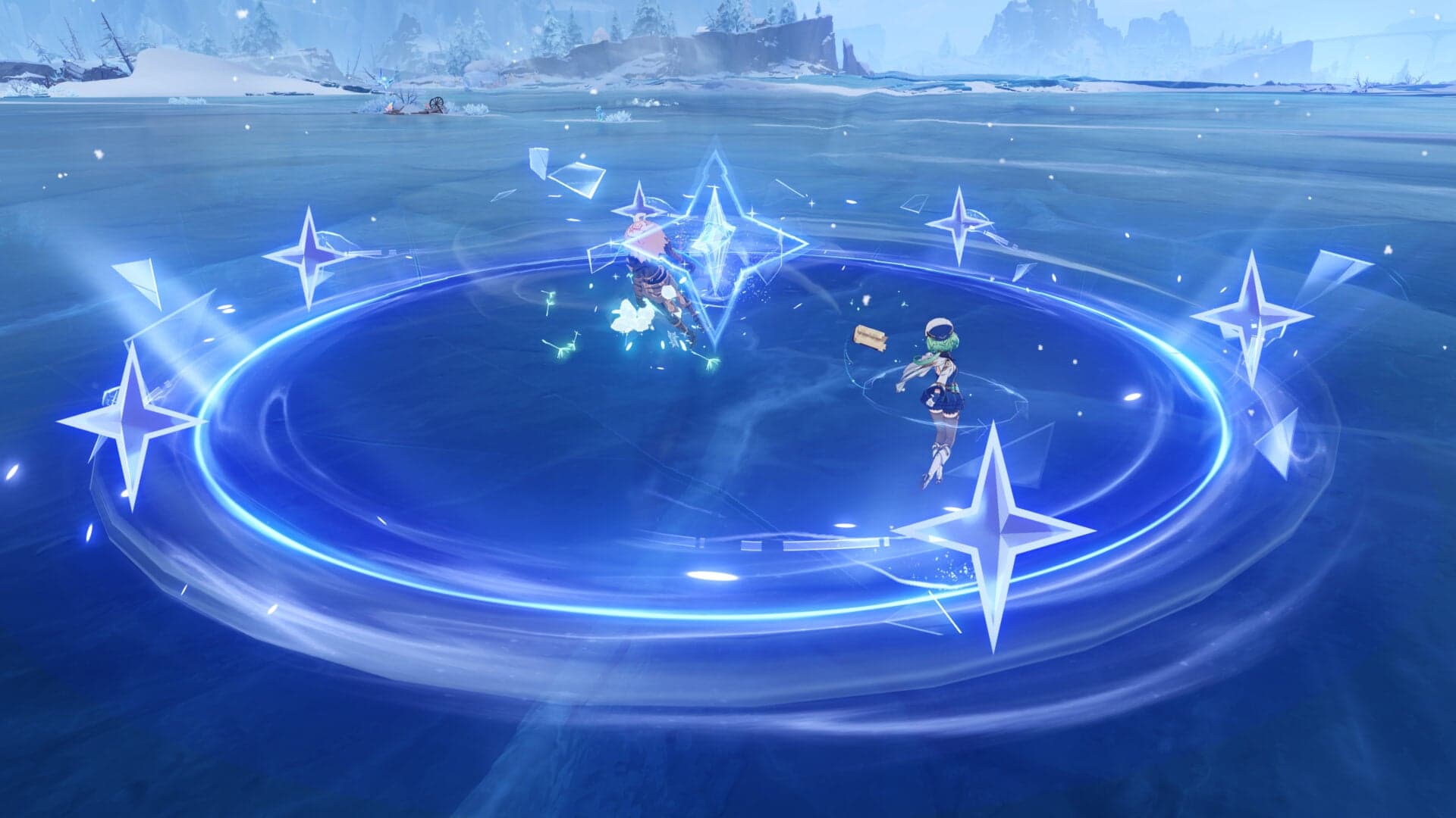 A ring of blue star-shaped effects around a character standing on a frozen lake