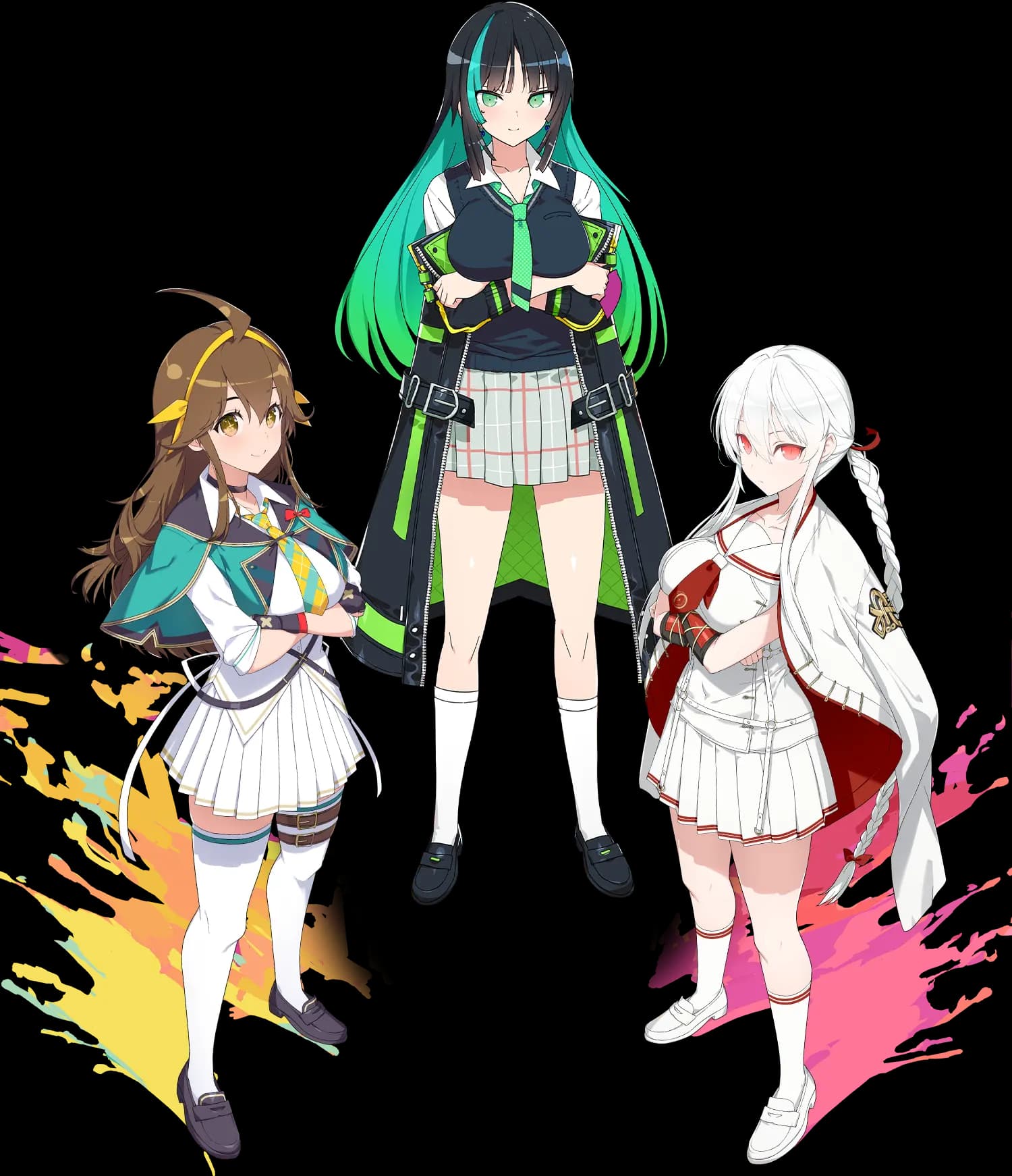 Official main visual for SHINOVI NEXUS: three full-body shinobi on a white field with a paint-splatter base, a brown-haired girl in a teal cape, a tall green-haired girl in a black coat, and a white-haired braided girl in white and red