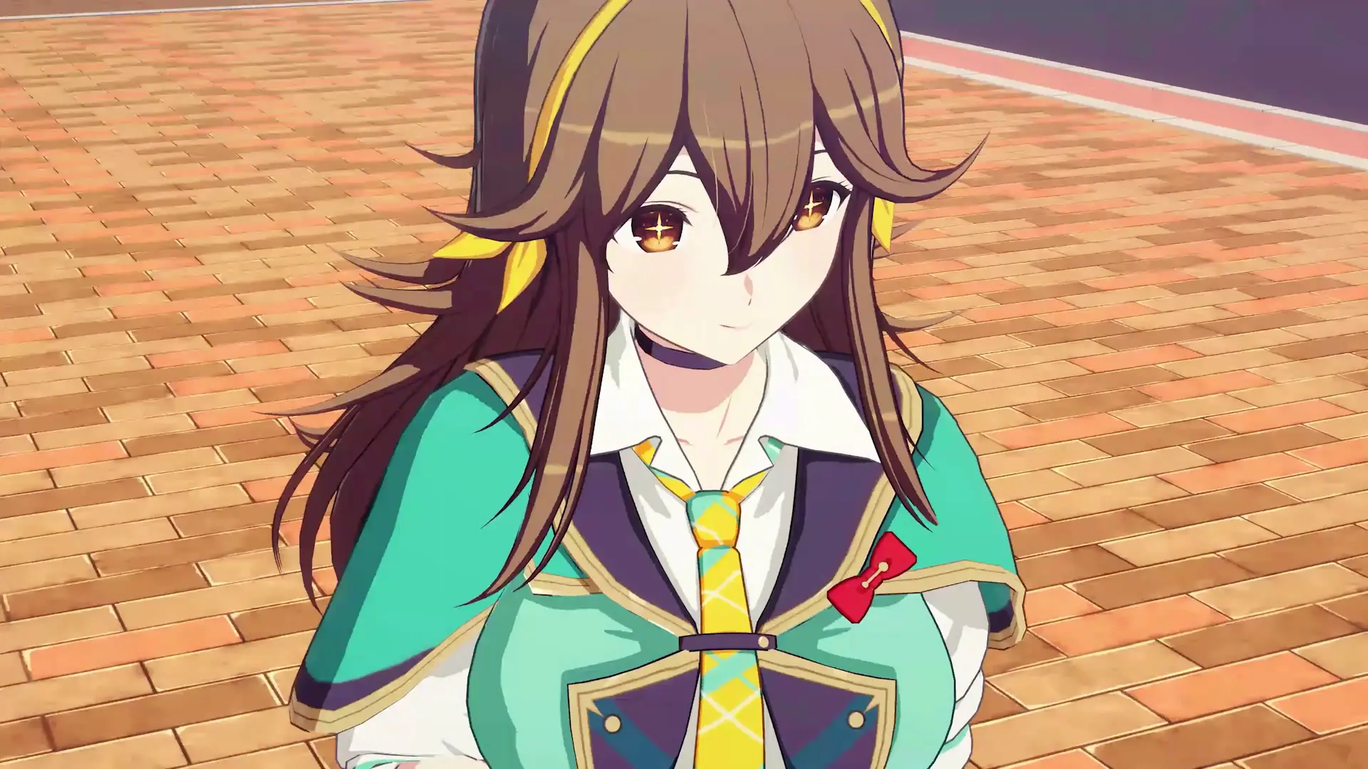 In-game cel-shaded character model standing on a paved school ground, from the official system poster set