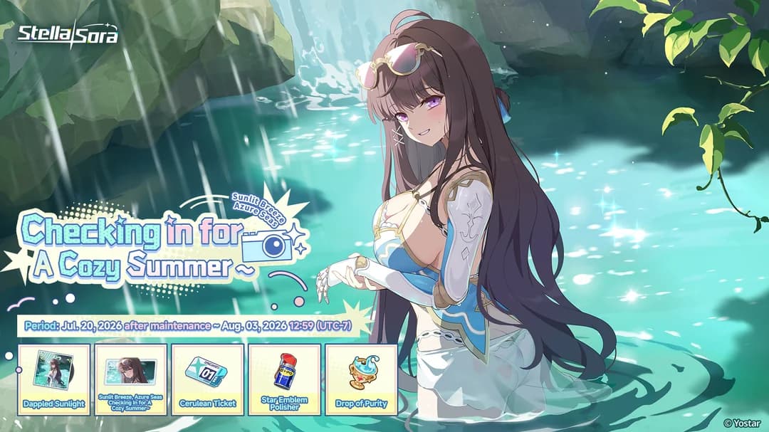 Key art for the Sunlit Breeze, Azure Seas, Checking In for A Cozy Summer limited event, with the period line reading July 20 after maintenance to August 3, 2026, 12:59 UTC-7, and a reward strip showing Dappled Sunlight, a Cerulean Ticket, Star Emblem Polisher and Drop of Purity.