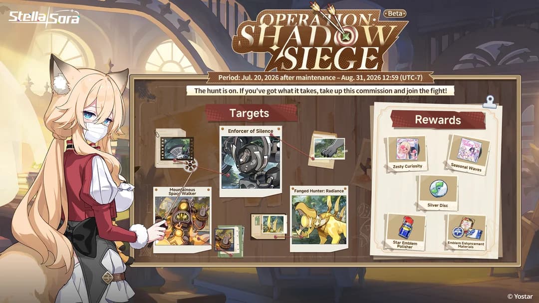 The Operation: Shadow Siege beta card, a corkboard of hunt commissions naming Mountainous Space Walker, Enforcer of Silence and Fanged Hunter: Radiance, running July 20 after maintenance to August 31, 2026 at 12:59 UTC-7.