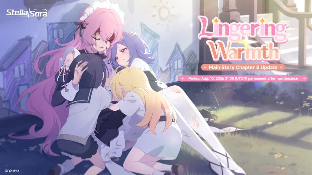 Key art for Main Story Chapter 8, Lingering Warmth, permanent from August 10, 2026.