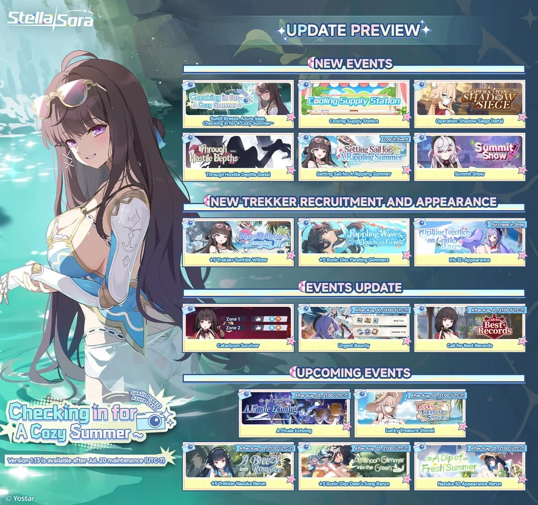 Official Version 1.13 update preview for Stella Sora, listing new events, Trekker recruitment, event updates and upcoming content.