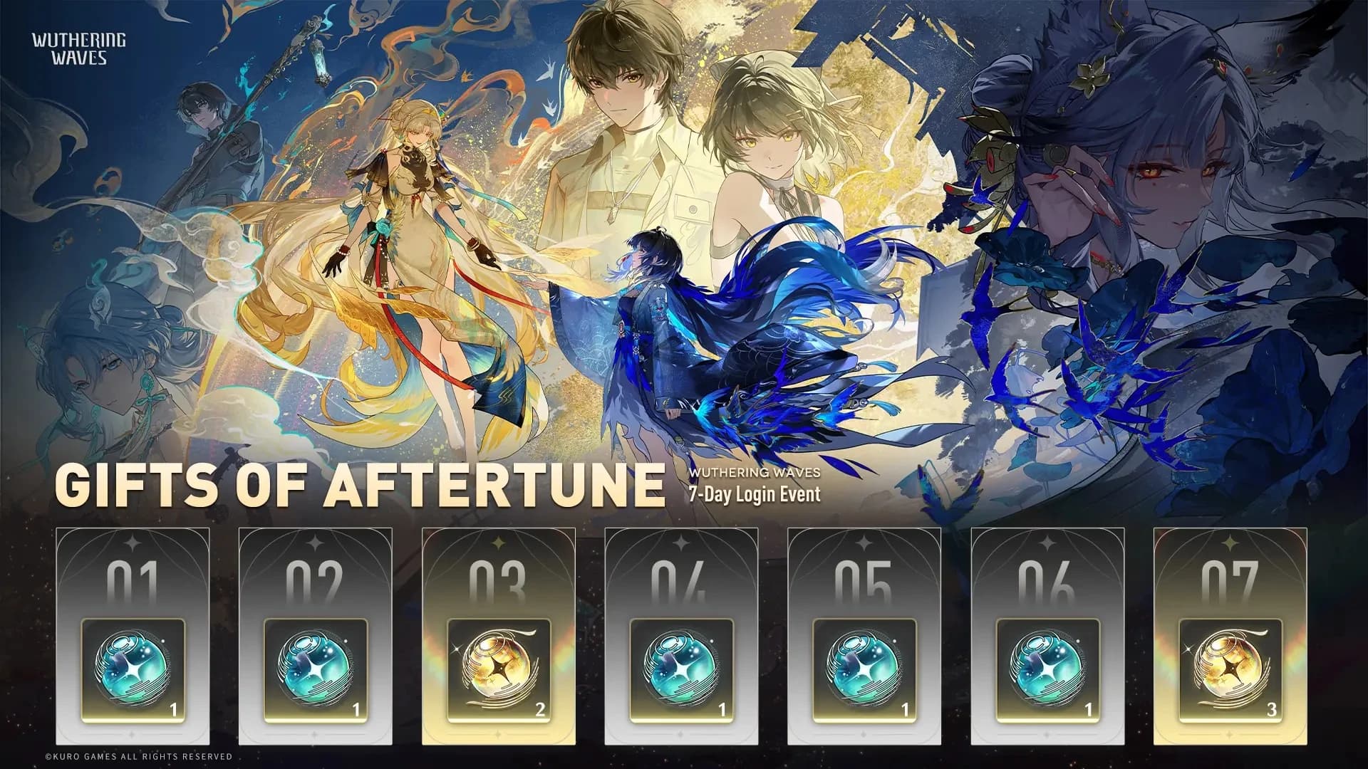 Gifts of Aftertune, the 7-day log-in track in Wuthering Waves Version 3.5, paying 5 Radiant Tides and 5 Lustrous Tides.