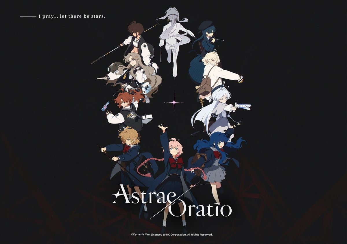 Astrae Oratio ensemble key art, roughly ten characters arranged on a black field under the line "I pray... let there be stars.", with the copyright notice reading Dynamis One licensed to NC Corporation