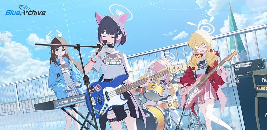 Blue Archive key art: five students playing on a school rooftop in Sugar Rush T-shirts, the evergreen visual Yostar has used since well before the 5.5th anniversary cycle
