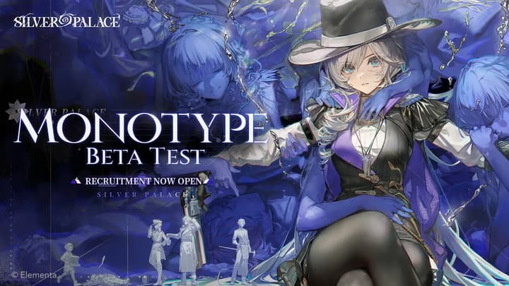 The Monotype Beta Test recruitment key visual: the SILVER PALACE wordmark top left, MONOTYPE Beta Test beneath it, a RECRUITMENT NOW OPEN banner, and the copyright line © Elementa printed bottom left over blue-washed ensemble key art