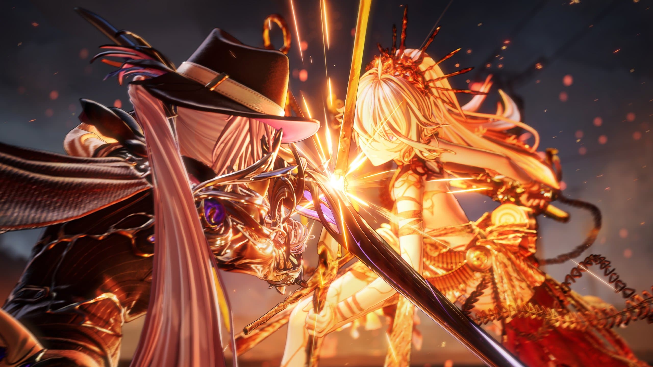 Cinematic promotional render of the Silver Palace Detective, blade locked against the golden Cinderella boss, sparks bursting at the point of contact. No HUD, not a gameplay capture