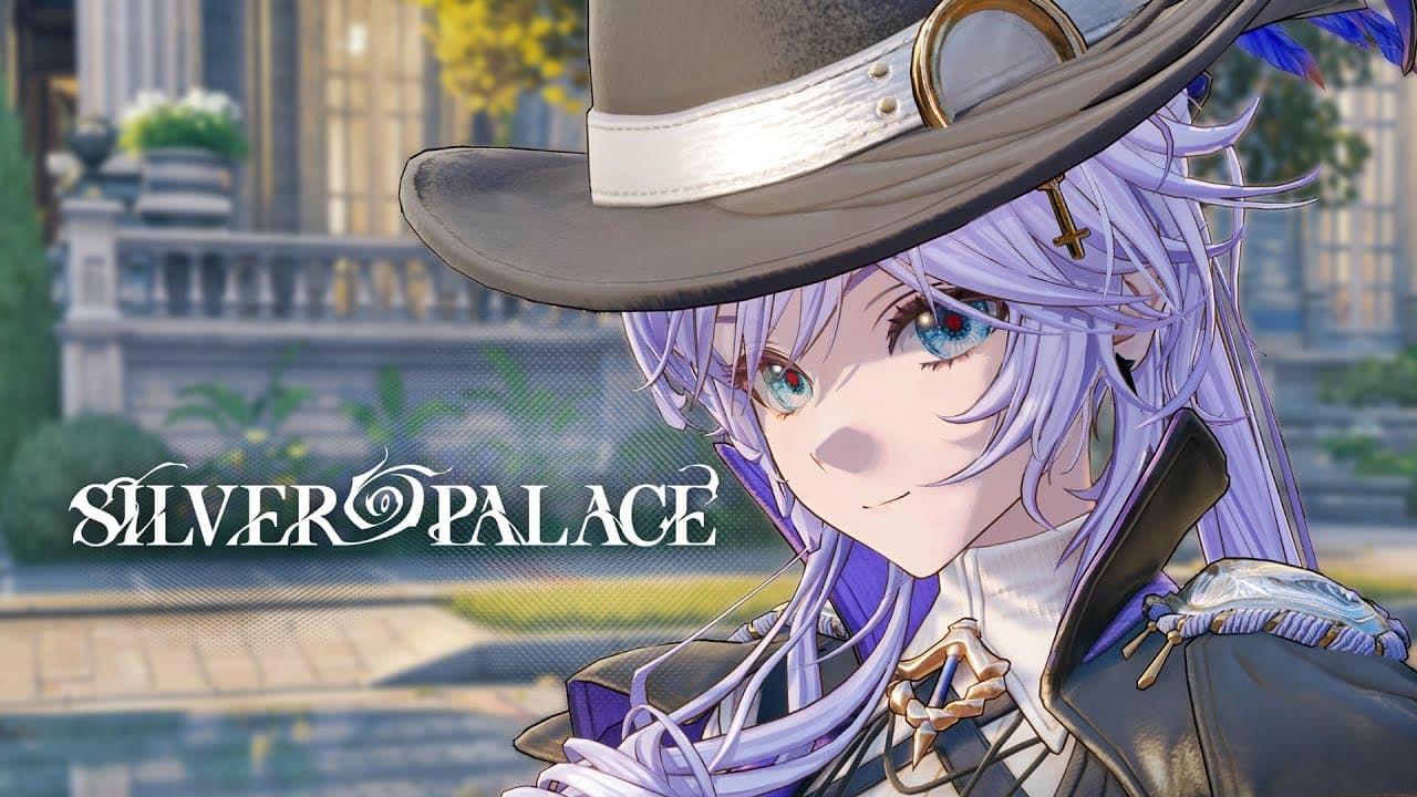 Close-up of the Silver Palace Detective under a wide-brim hat in a sunlit garden, the SILVER PALACE wordmark set into the left third of the frame, from the official trailer The Golden Age of Detectives